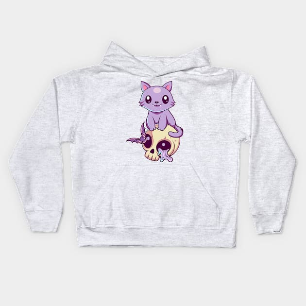 Skull Cat Kawaii Kids Hoodie by DionArts